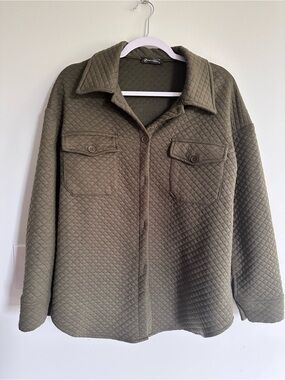 Earth Tone Dark Green Quilted Overshirt Shacket Casual